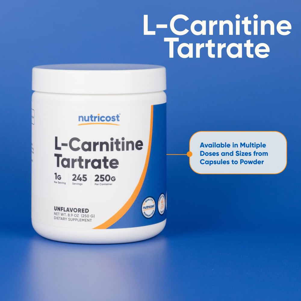 Nutricost L-Carnitine Tartrate bottle shown in GMP facility context.