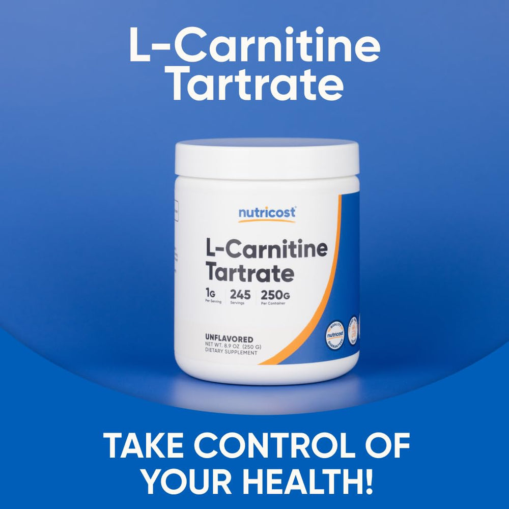 Nutricost L-Carnitine Tartrate packaging icon communicates gluten-free and non-GMO benefits.