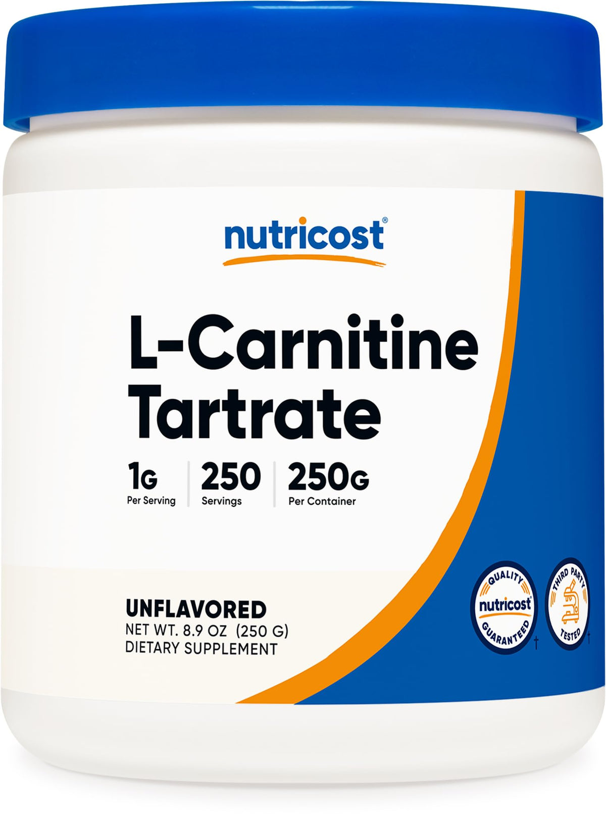 Nutricost L-Carnitine Tartrate powder bottle 250 g for daily use.