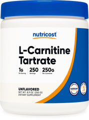 Nutricost L-Carnitine Tartrate powder bottle 250 g for daily use.