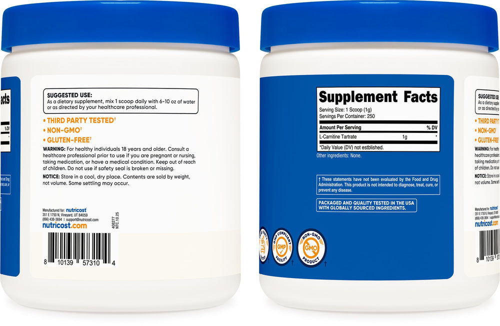 Nutricost L-Carnitine Tartrate powder close-up emphasizes smooth, ready-to-mix texture.