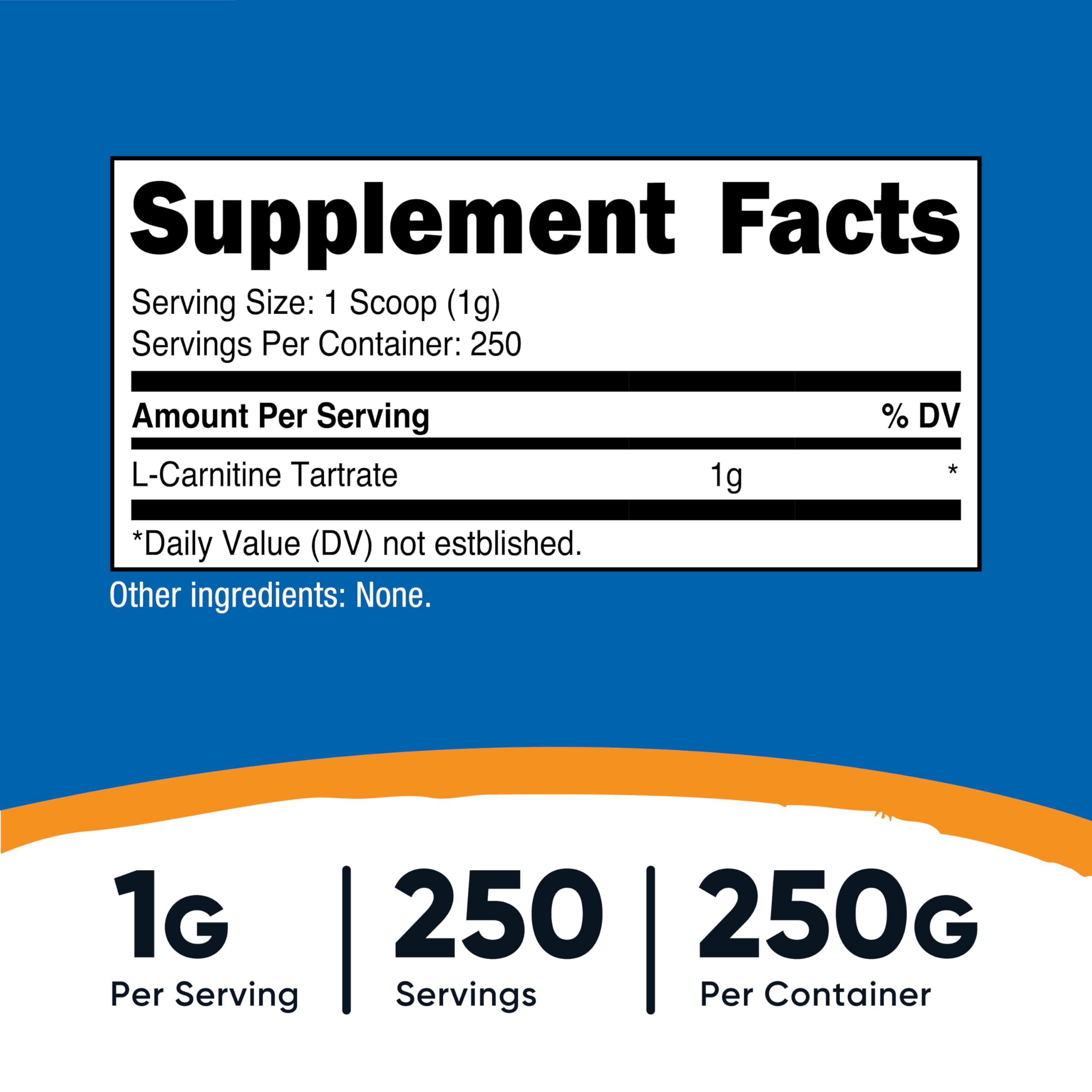 Nutricost L-Carnitine Tartrate scoop close-up shows precise 1 g servings.