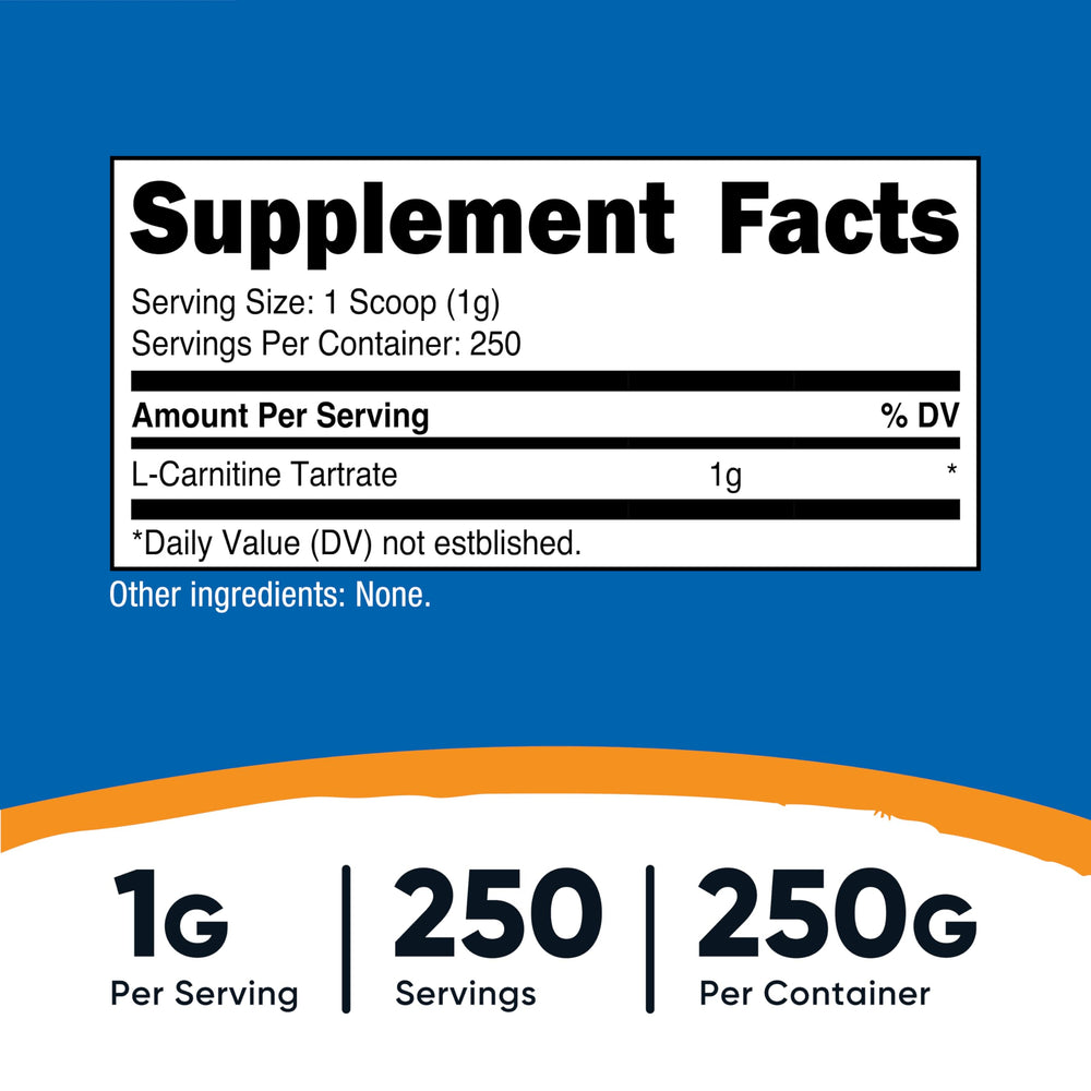 Nutricost L-Carnitine Tartrate scoop close-up shows precise 1 g servings.