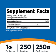 Nutricost L-Carnitine Tartrate scoop close-up shows precise 1 g servings.