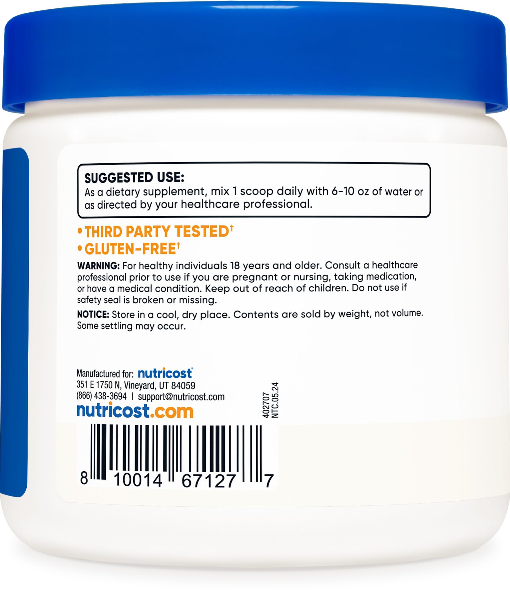 Nutricost L-Carnosine powder container side highlights gluten-free manufacturing