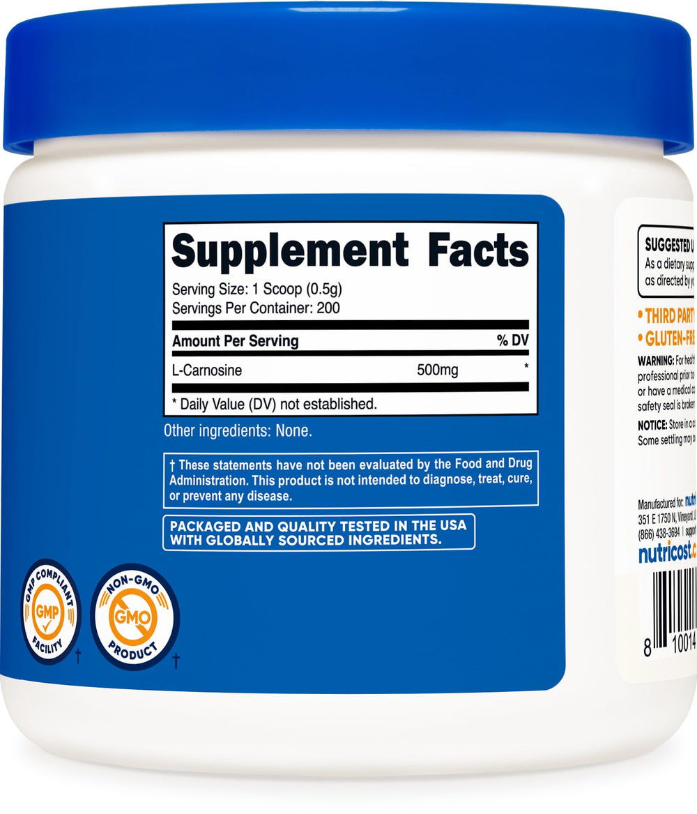 Nutricost L-Carnosine powder glass bottle on white background, purity emphasized