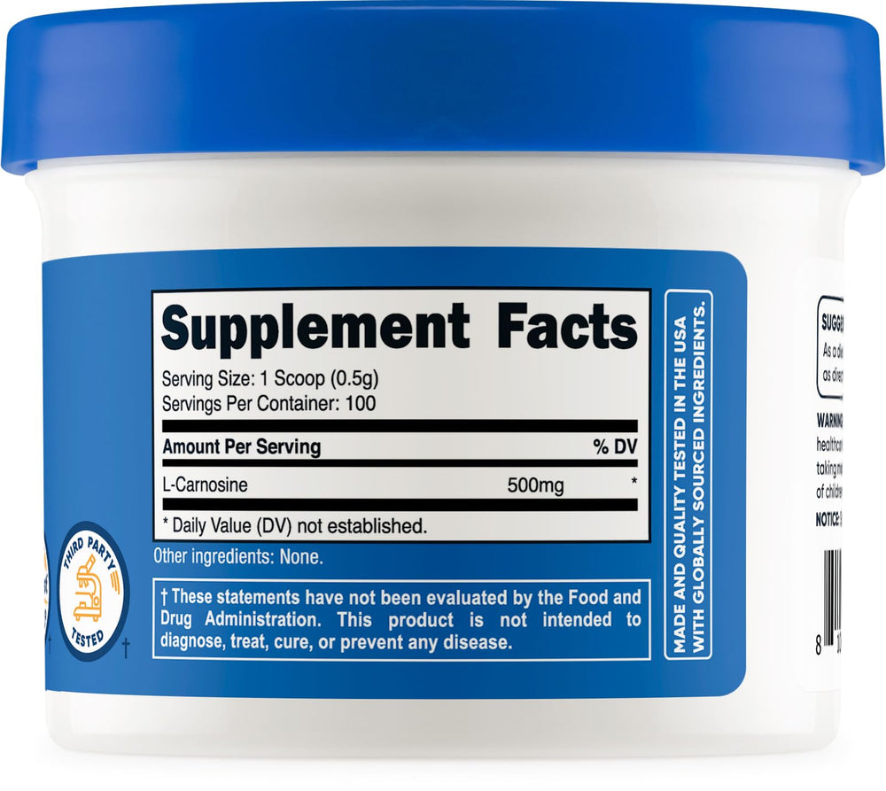 Nutricost L-Carnosine powder ingredient label with third-party testing.