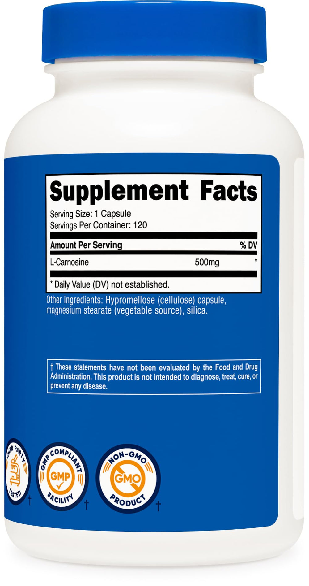 Serving size shows 500mg per capsule and 120 capsules per bottle