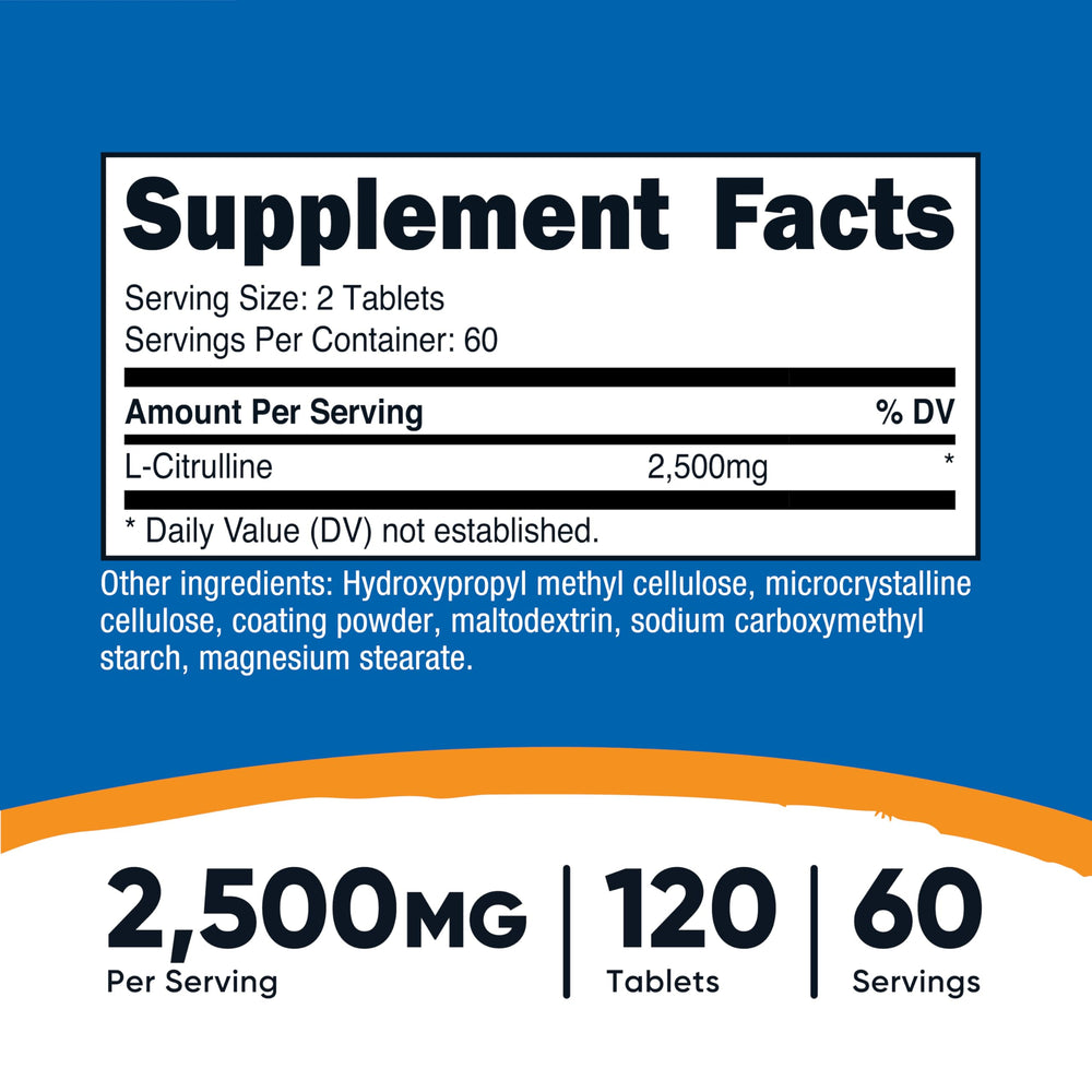Nutricost L-Citrulline tablet close-up highlights 1250mg per tablet for easy dosing.