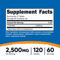 Nutricost L-Citrulline tablet close-up highlights 1250mg per tablet for easy dosing.