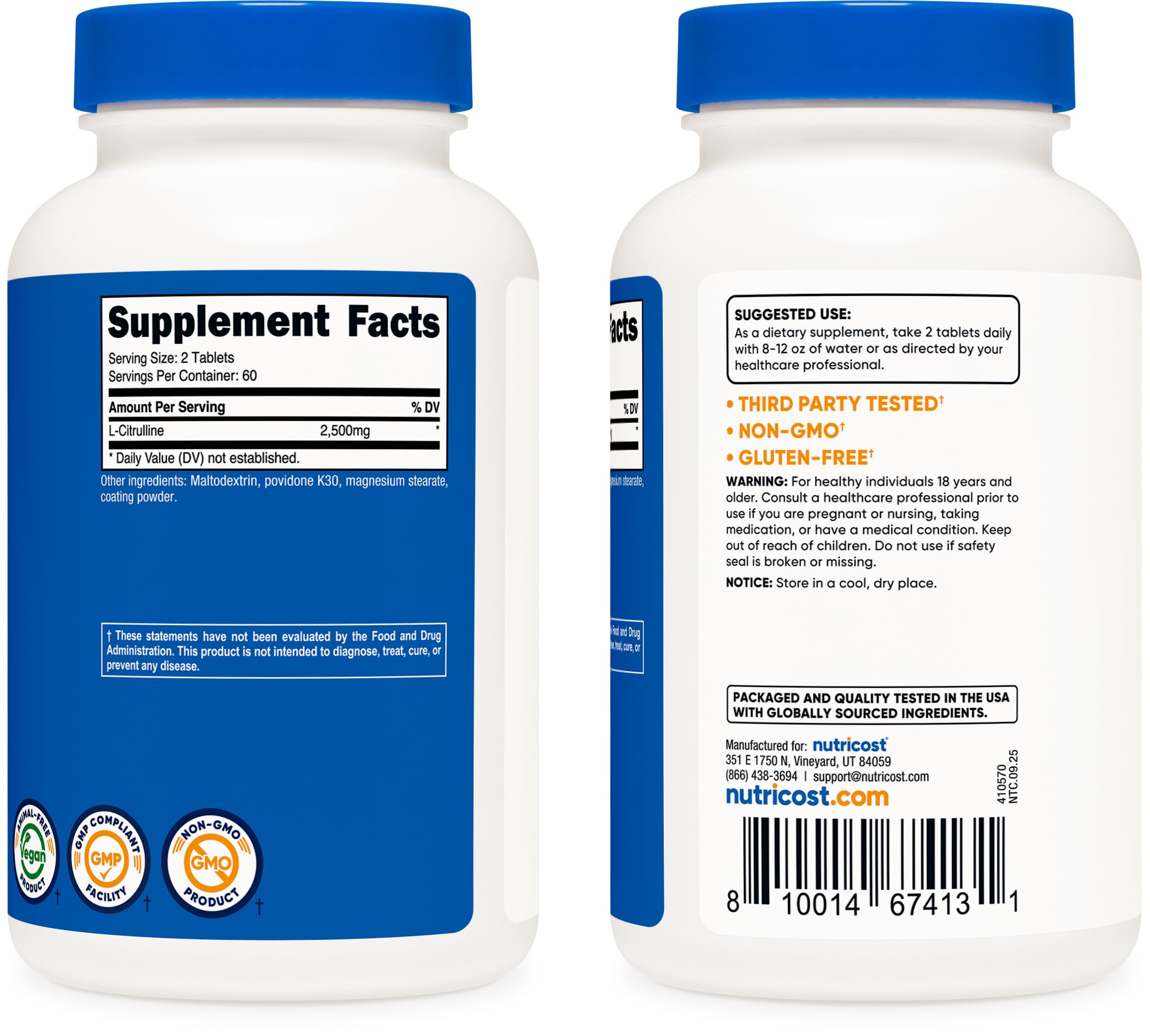 Open Nutricost L-Citrulline bottle with tablets spilled for easy daily dosing