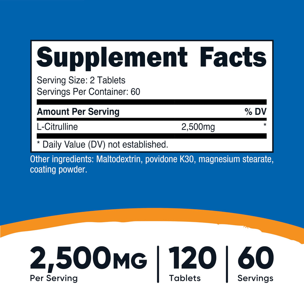 Nutricost L-Citrulline 2500mg bottle side label highlights non-GMO and gluten-free