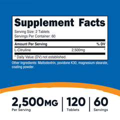 Nutricost L-Citrulline 2500mg bottle side label highlights non-GMO and gluten-free