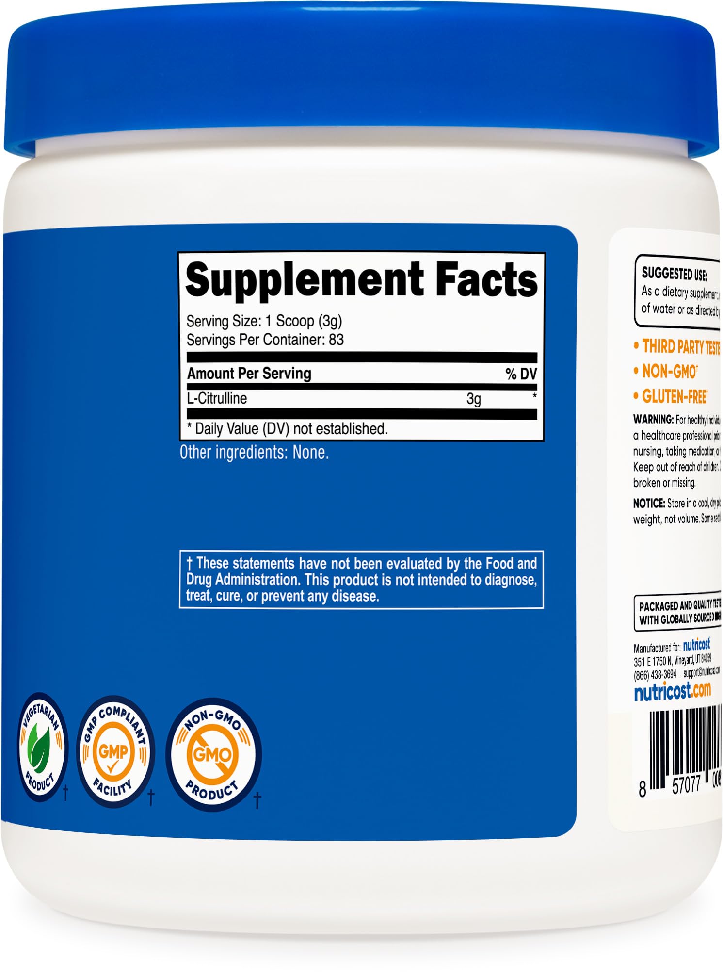 Nutricost label highlights gluten-free and non-GMO features