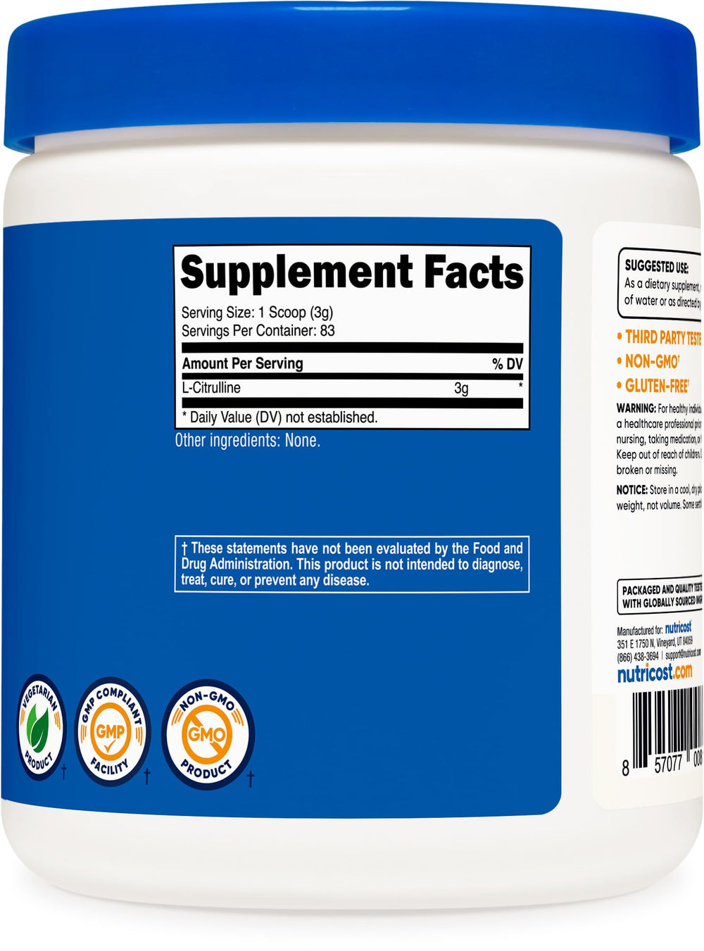 Nutricost label highlights gluten-free and non-GMO features
