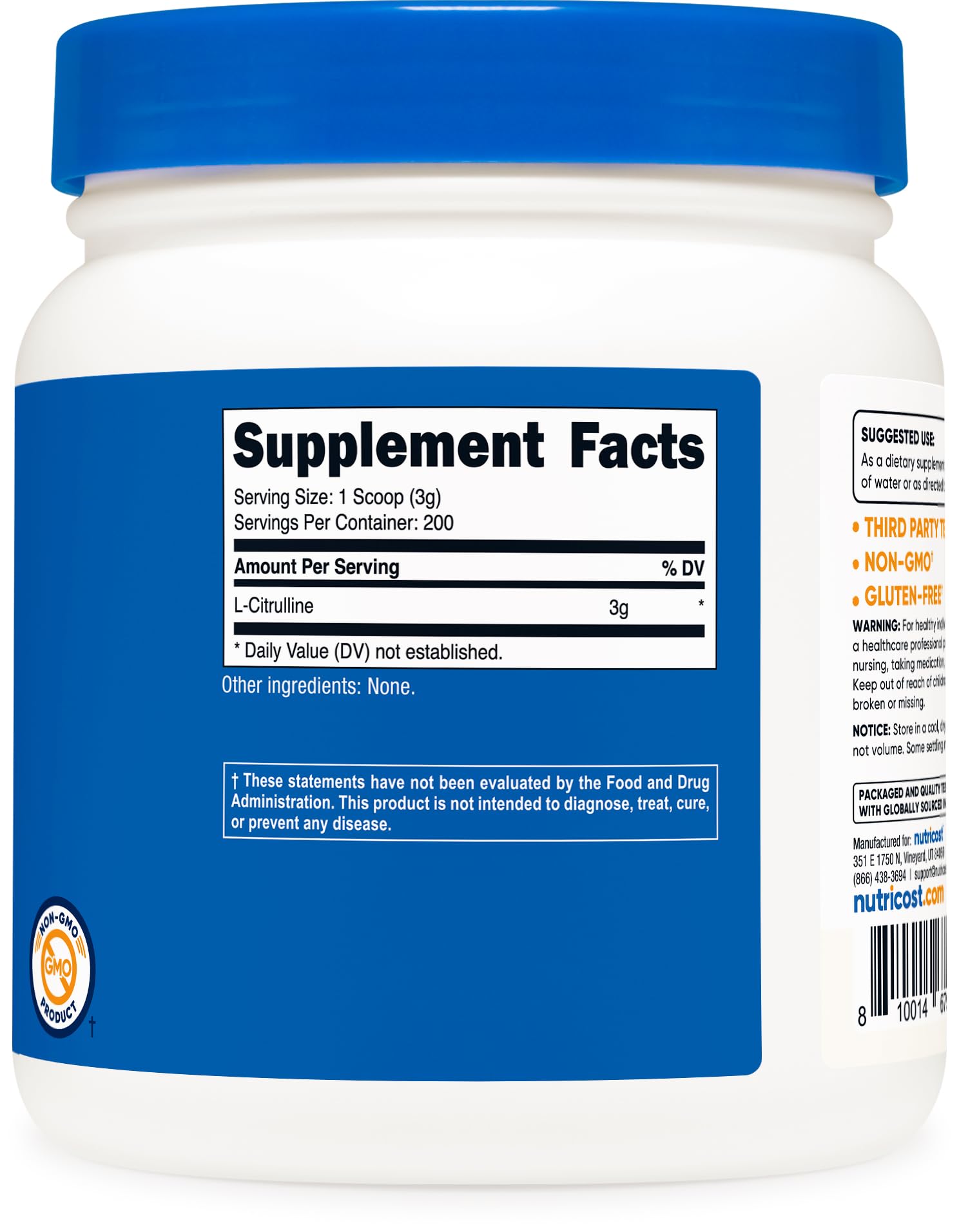 Nutricost L-Citrulline base powder ingredient list shows pure base formulation.