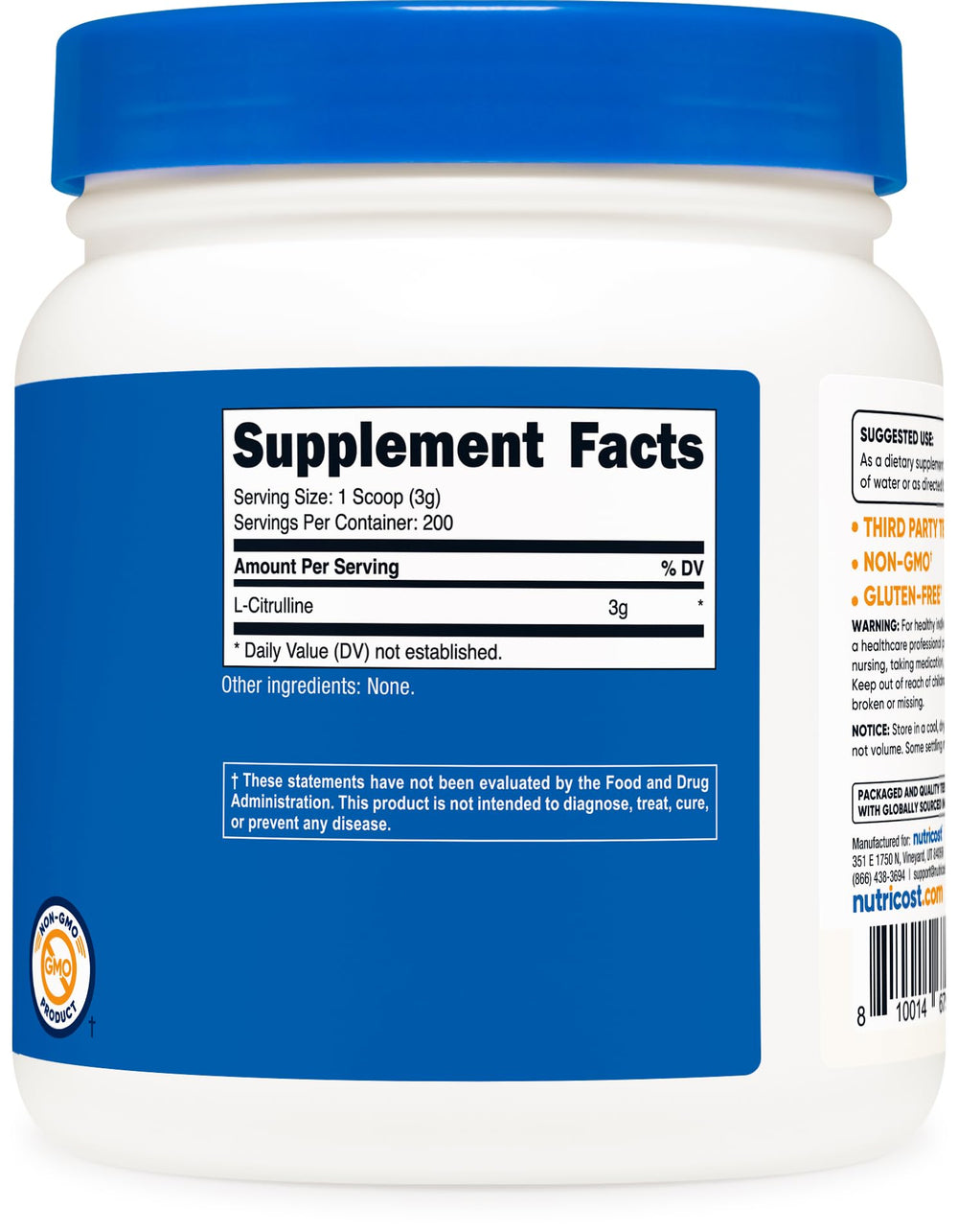 Nutricost L-Citrulline base powder ingredient list shows pure base formulation.