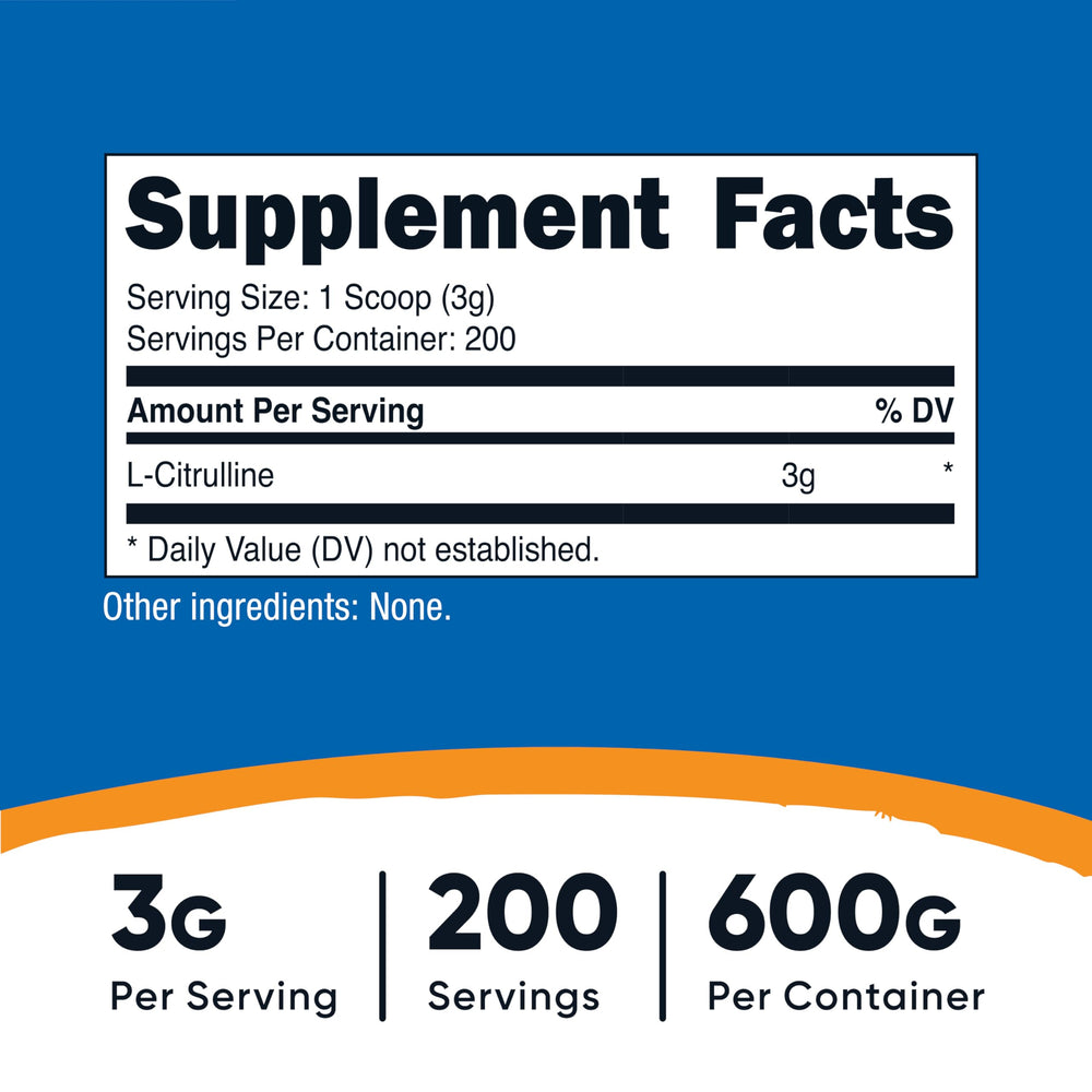 Nutricost L-Citrulline base powder with serving scoop for precise measurements.
