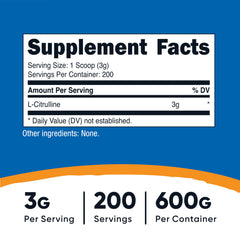 Nutricost L-Citrulline base powder with serving scoop for precise measurements.
