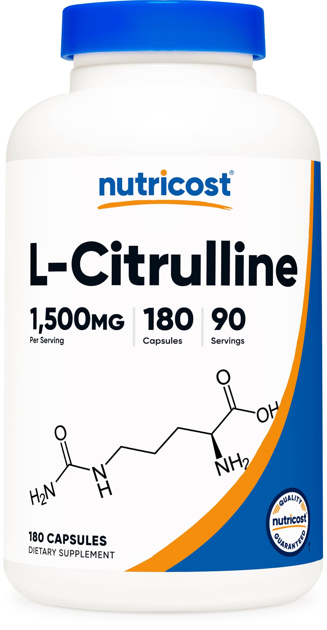 Nutricost L-Citrulline 1500mg bottle front showing gluten-free, non-GMO supplement for daily use.