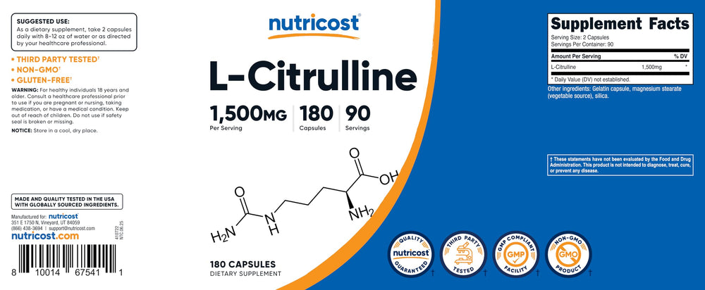 Nutricost L-Citrulline capsules on shelf suggest a reliable daily supplement option.