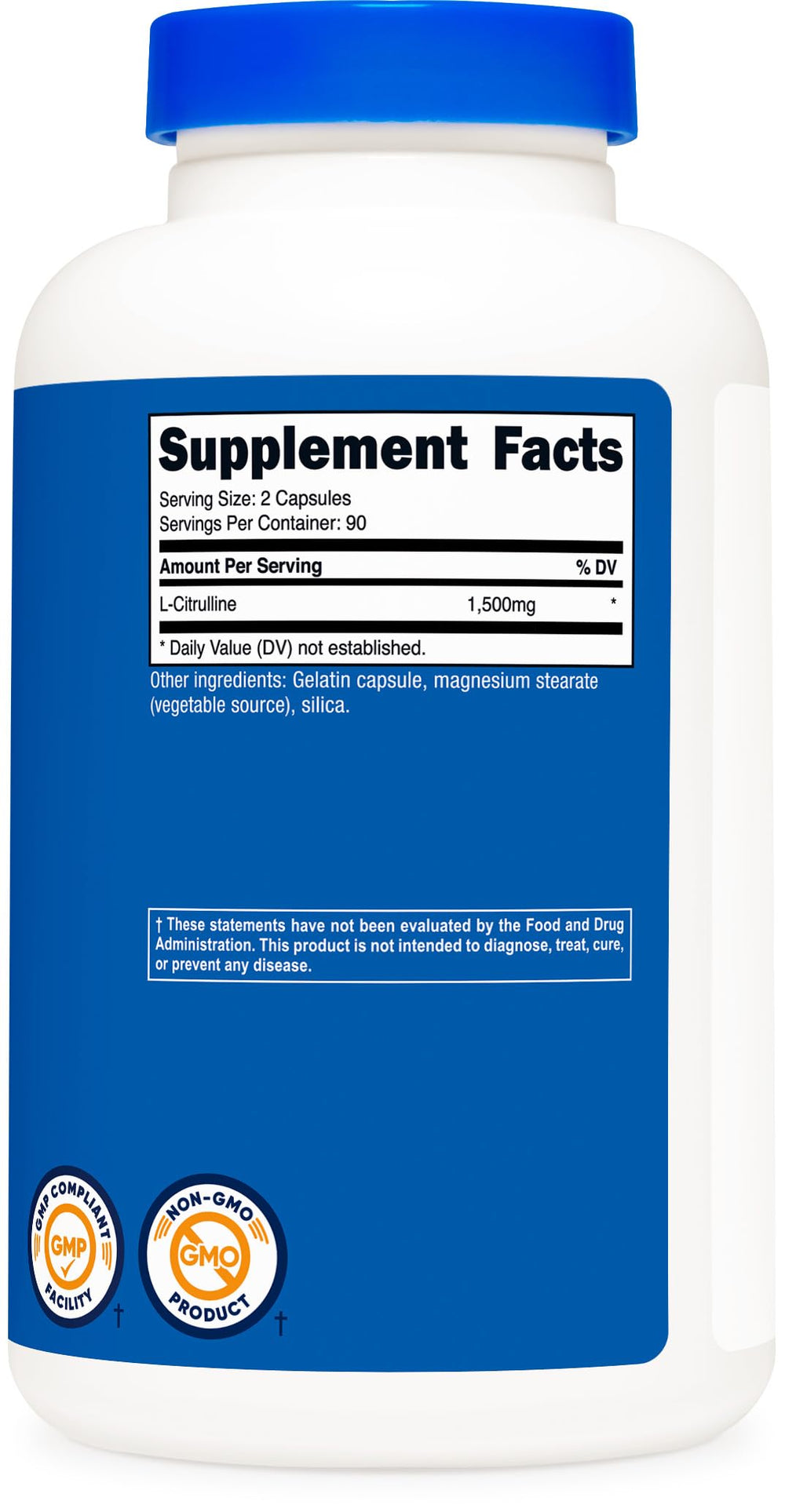 Nutricost L-Citrulline label closeup reveals non-GMO and gluten-free badges.