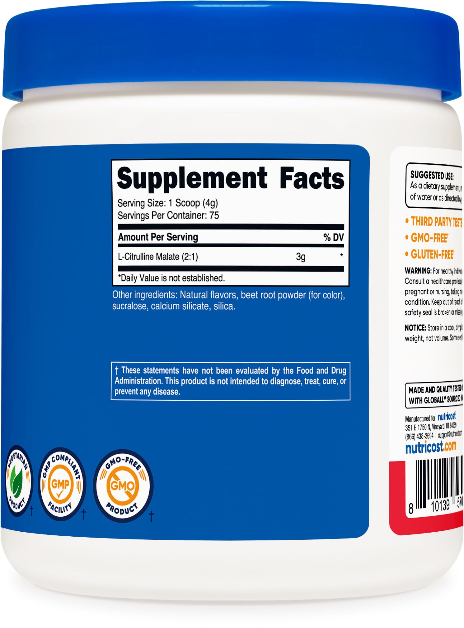 Nutricost L-Citrulline Malate 2:1 Fruit Punch label closeup highlighting quality ingredients.