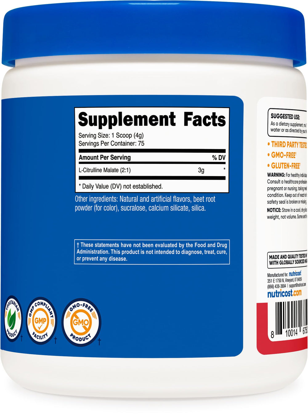 Nutricost L-Citrulline Malate 2:1 ingredients showcase gluten-free and non-GMO formula.