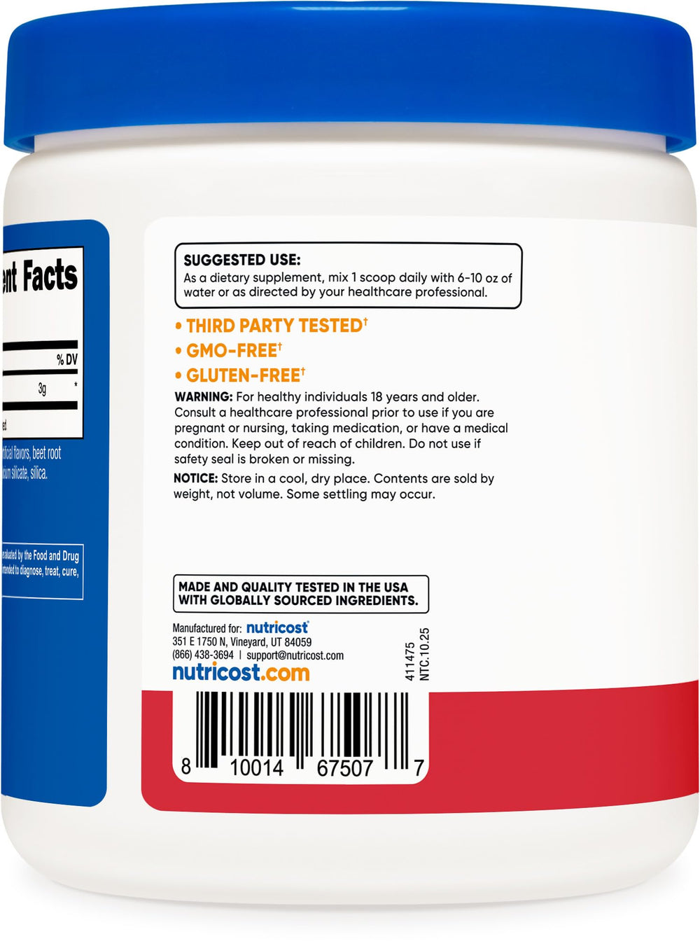 Label on Nutricost L-Citrulline Malate 2:1 highlighting GMP and FDA registration.