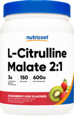 Nutricost L-Citrulline Malate 2:1 bottle shows strawberry kiwi flavor ideal for pre-workout energy.