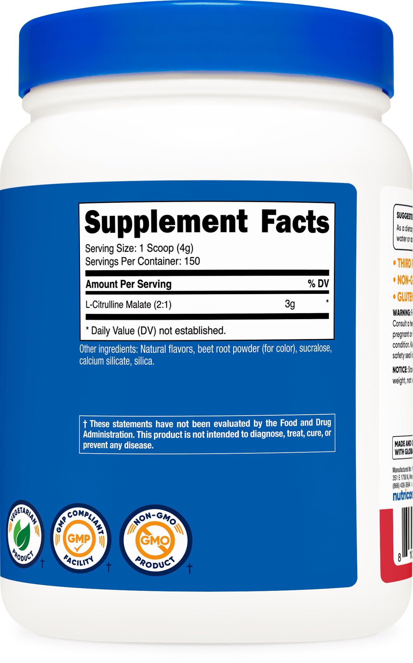 Nutricost L-Citrulline Malate 2:1 glass with powder suggests easy post-workout mixing.