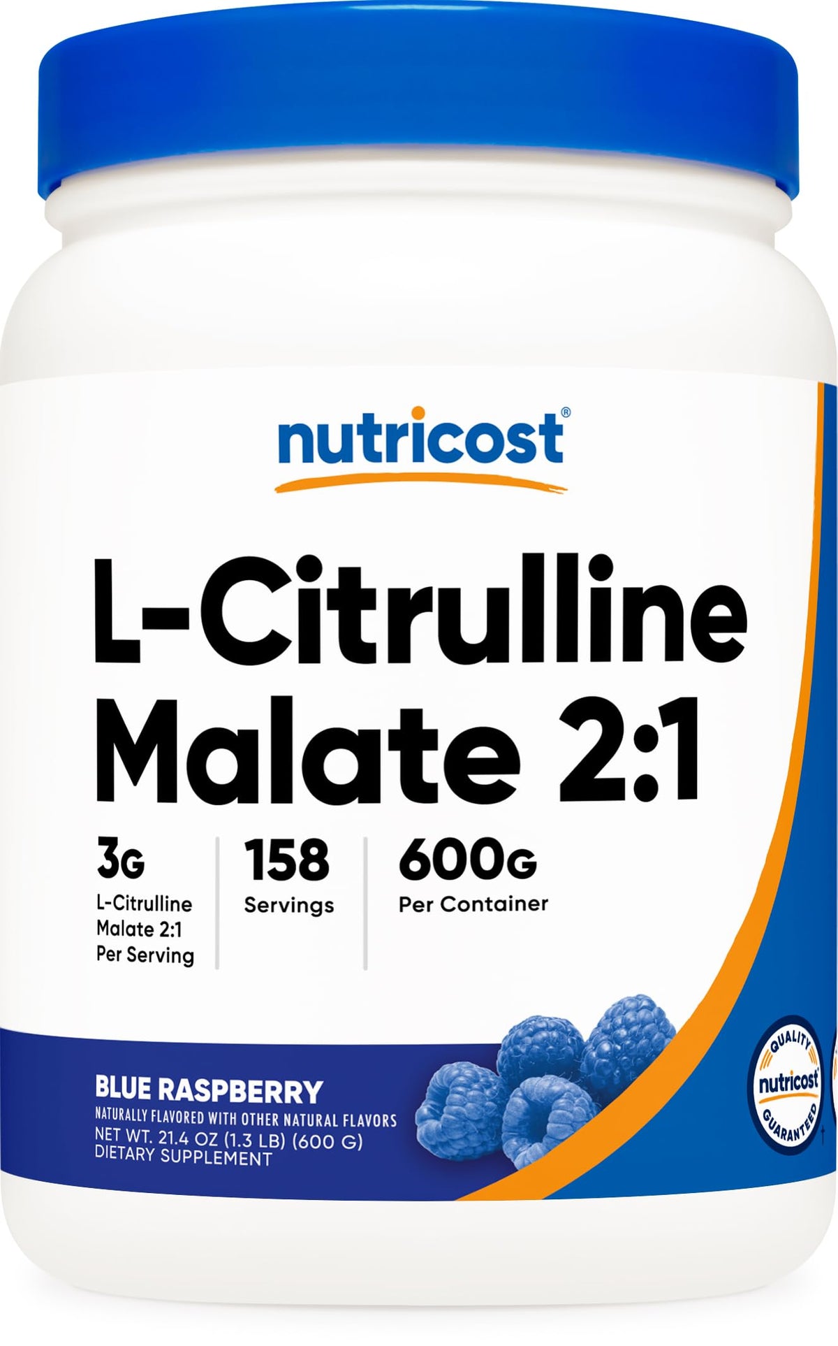 Nutricost L-Citrulline Malate 2:1 blue raspberry bottle highlighting flavor and quality for workouts