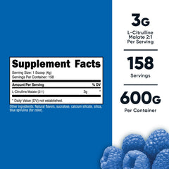 Nutricost L-Citrulline Malate powder scoop beside blue raspberry bottle for serving