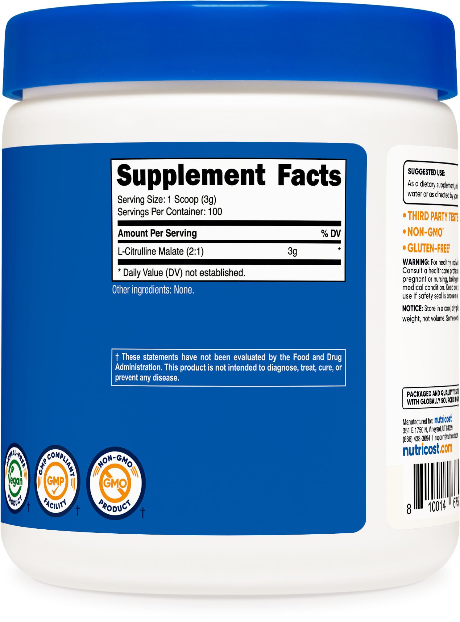 Nutricost bottle highlighting gluten-free and non-GMO features