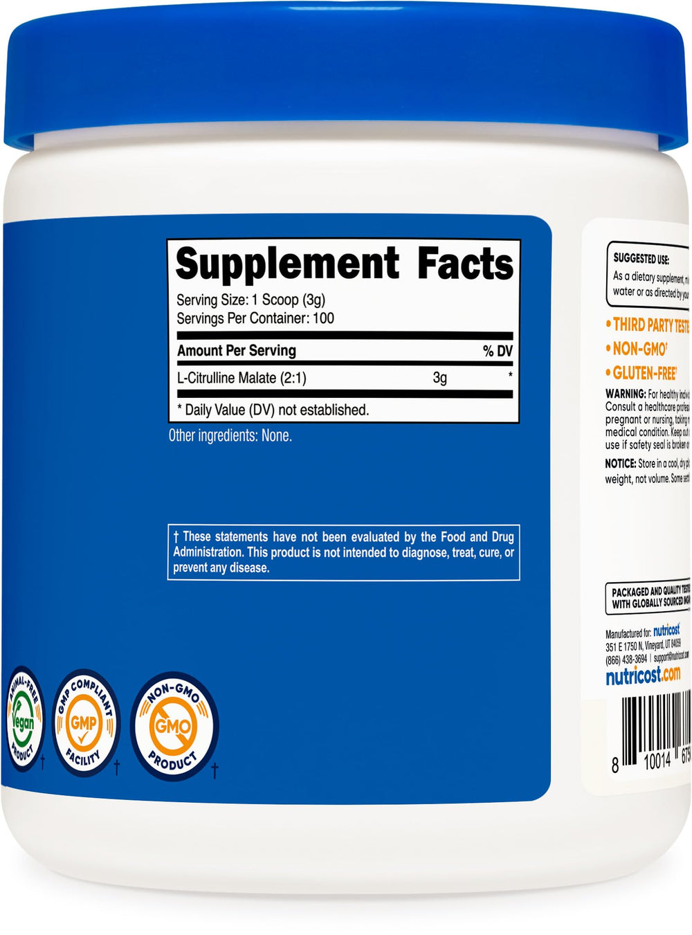 Nutricost bottle highlighting gluten-free and non-GMO features