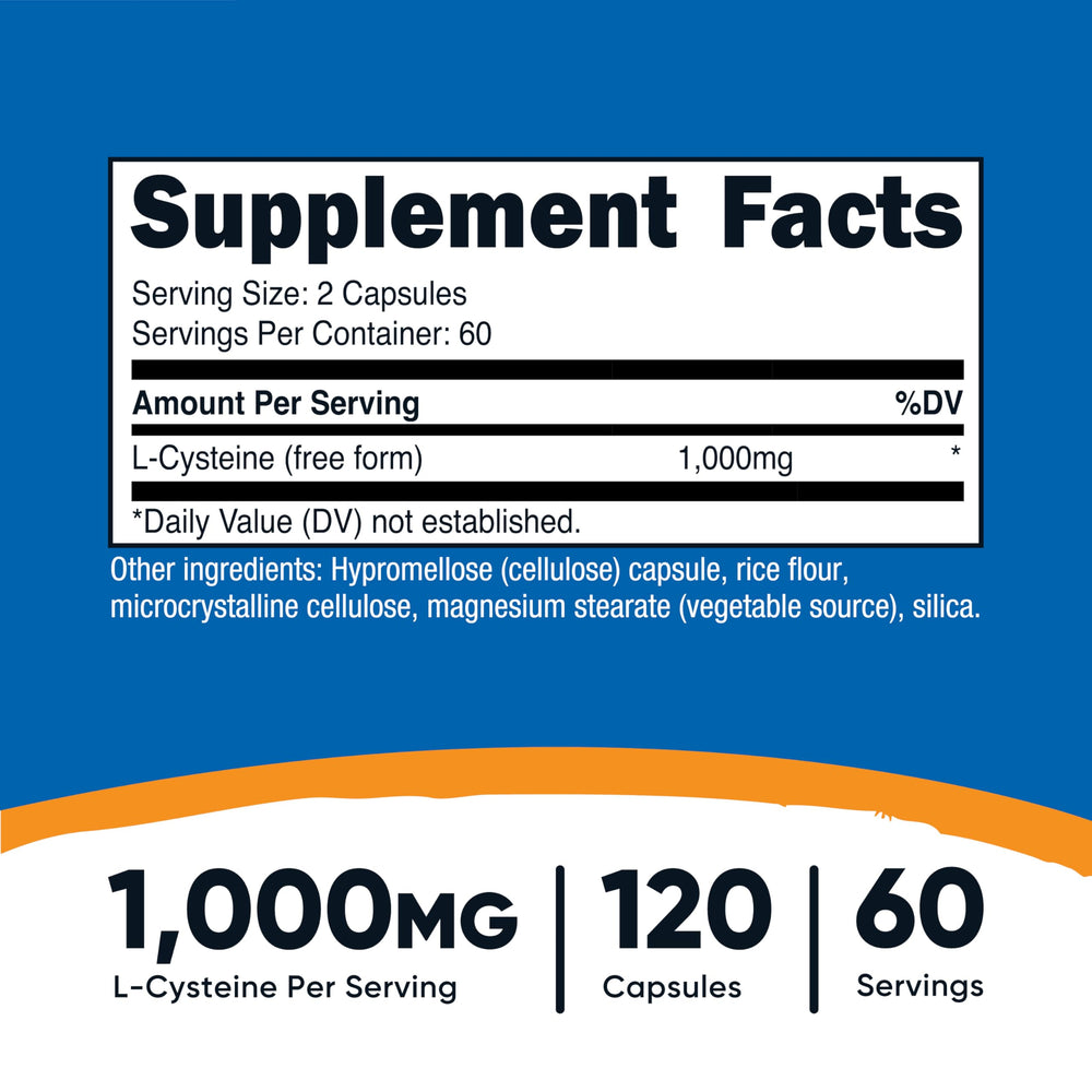 Close-up of Nutricost L-Cysteine 1000mg capsules for easy daily use.