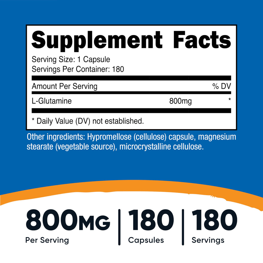 Nutricost L-Glutamine bottle with 180 capsules, gluten-free and non-GMO.