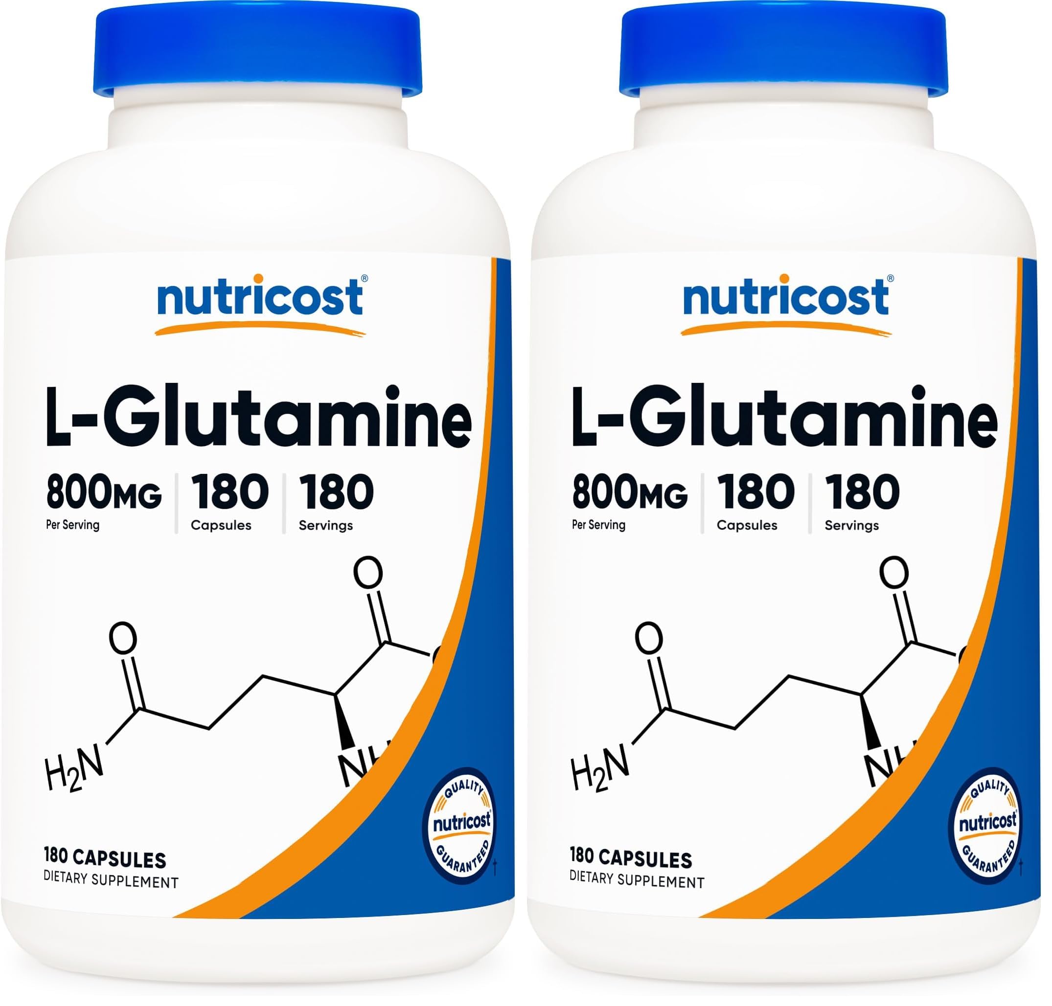 Nutricost L-Glutamine 800mg capsules on a clean surface for daily wellness.