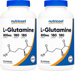 Nutricost L-Glutamine 800mg capsules on a clean surface for daily wellness.