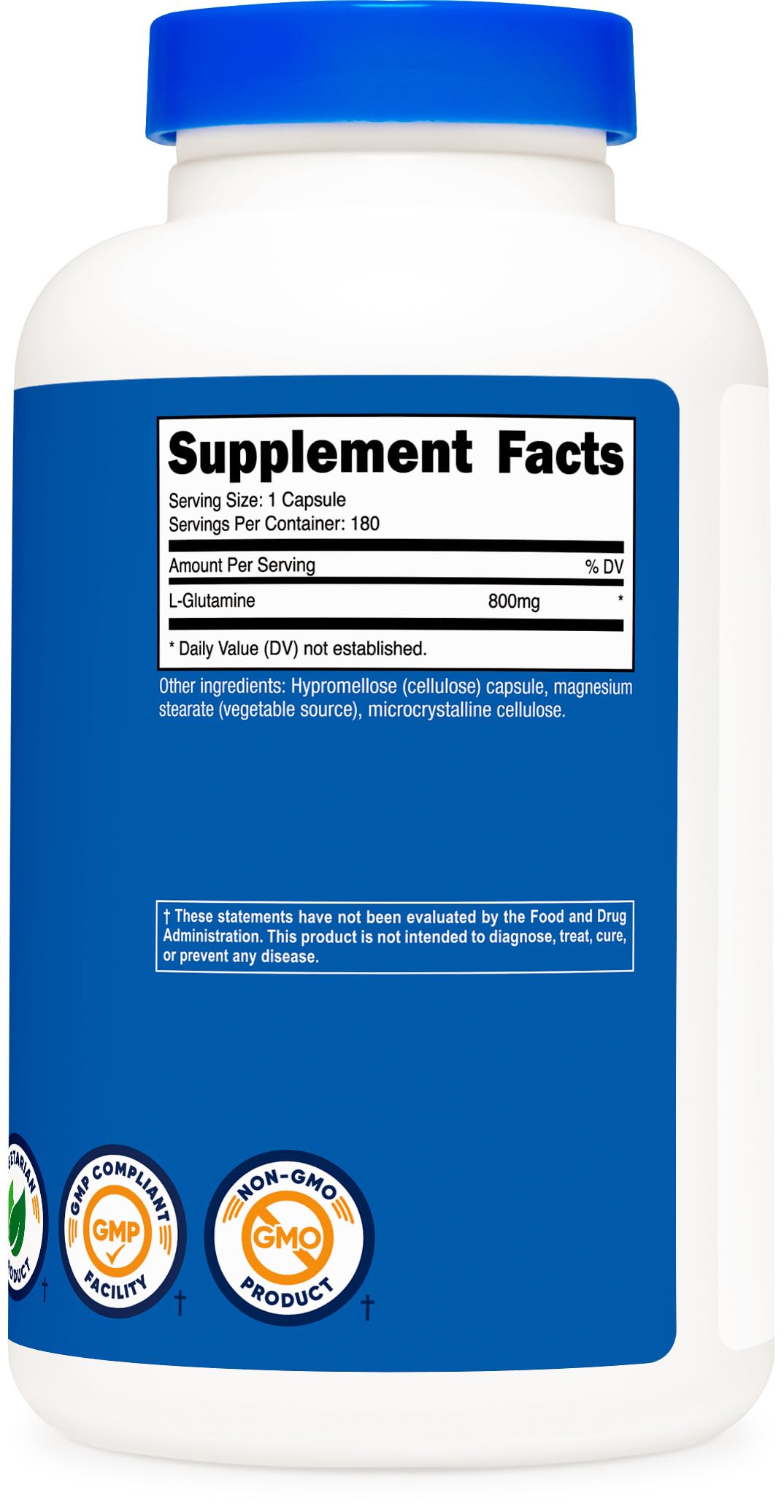 Nutricost L-Glutamine supplement bottle shows 800mg per capsule.