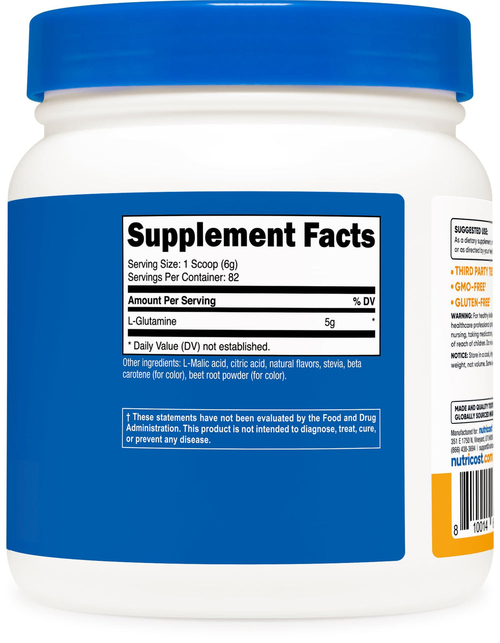 Nutricost L-Glutamine Peach Mango 82 servings label emphasizes extended daily use.