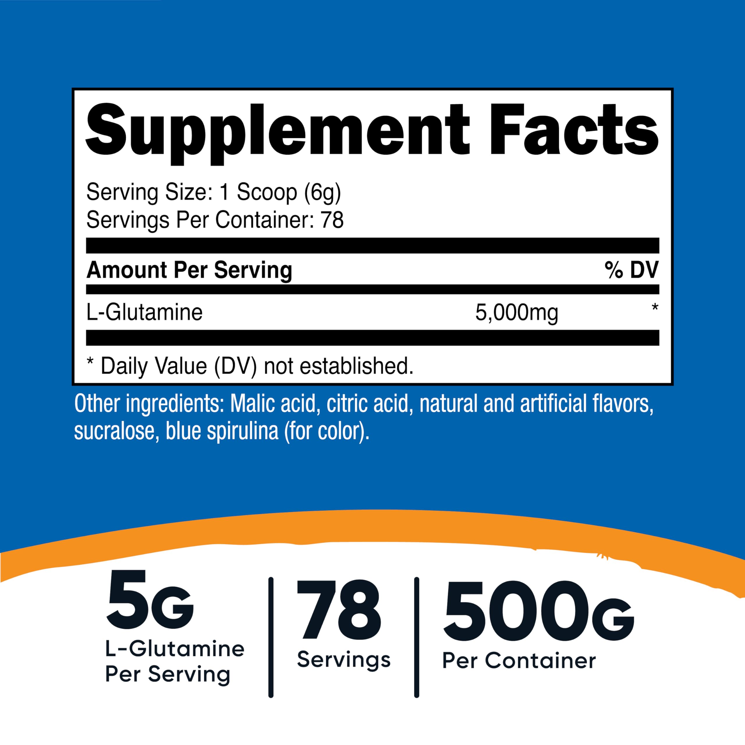 Nutricost L-Glutamine Blue Raspberry powder closeup for easy daily mix.
