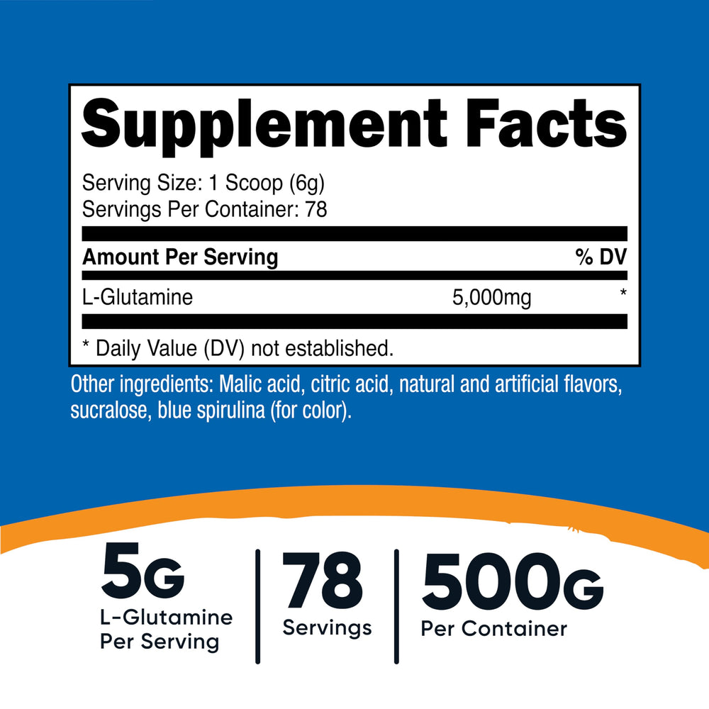 Nutricost L-Glutamine Blue Raspberry powder closeup for easy daily mix.