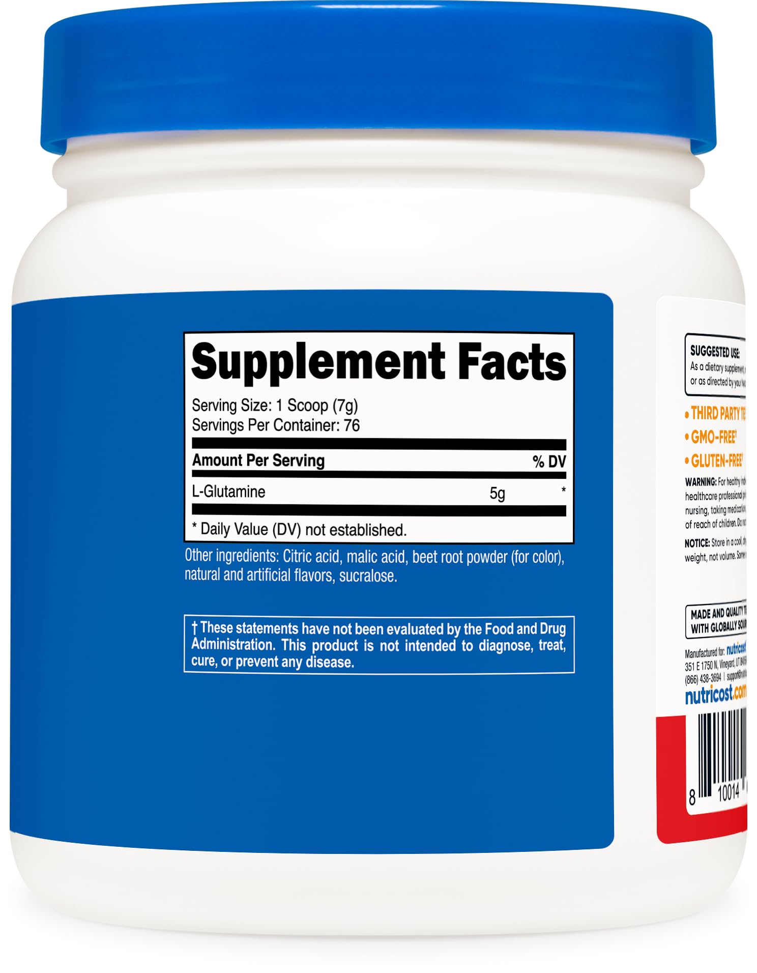 Nutricost L-Glutamine Fruit Punch dissolves smoothly in water for quick shakes.