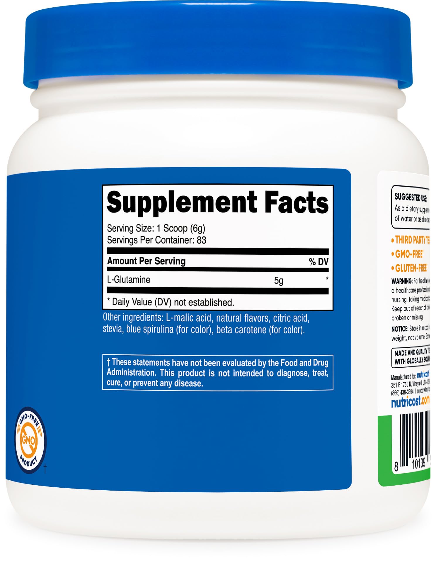 Nutricost L-Glutamine Green Apple label highlighting NSF and GMP quality.