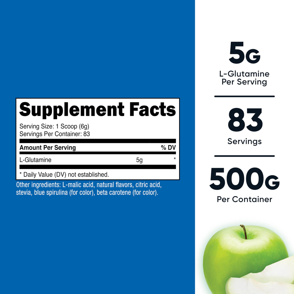 Nutricost L-Glutamine Green Apple powder pour view for easy mixing.