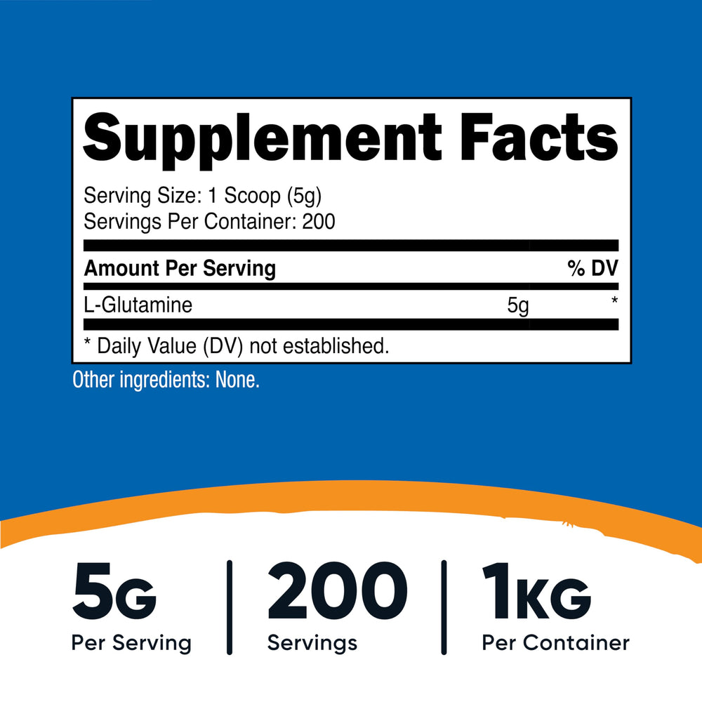 Nutricost L-Glutamine powder 1kg packaging emphasizing value and purity for sustained use.