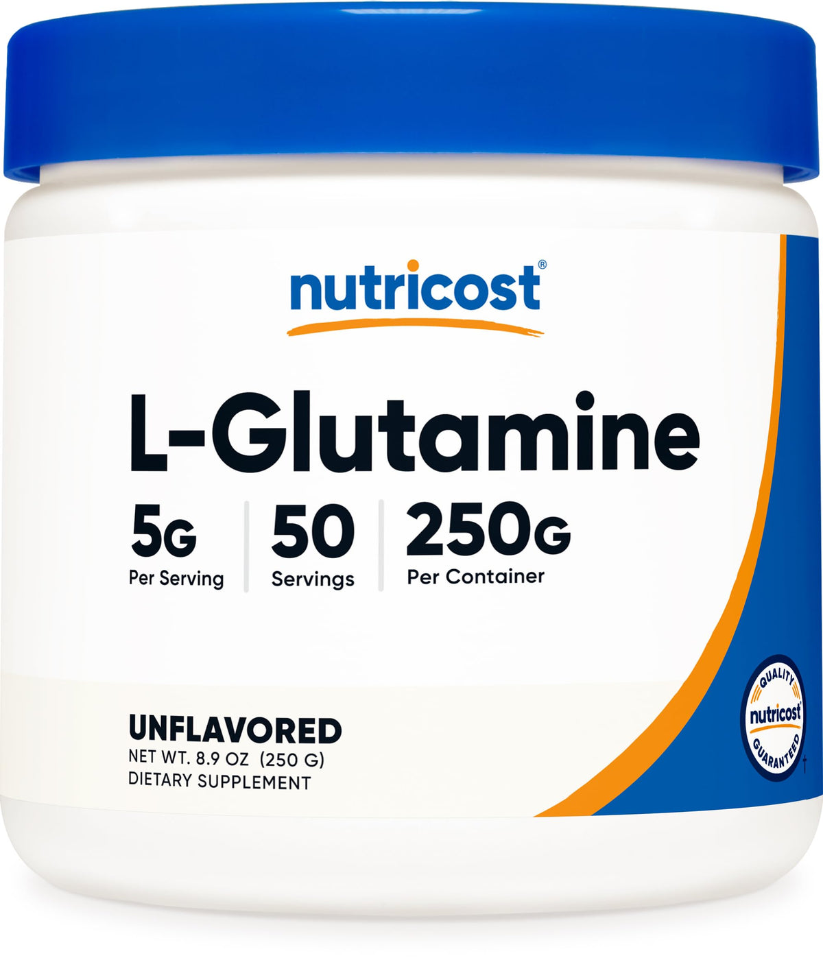 Nutricost L-Glutamine Powder bottle front view, unflavored and easy to blend after workouts