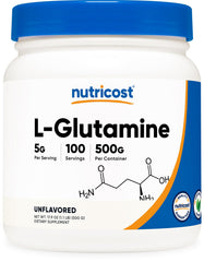 Nutricost L-Glutamine powder bottle showcasing gluten-free and non-GMO features