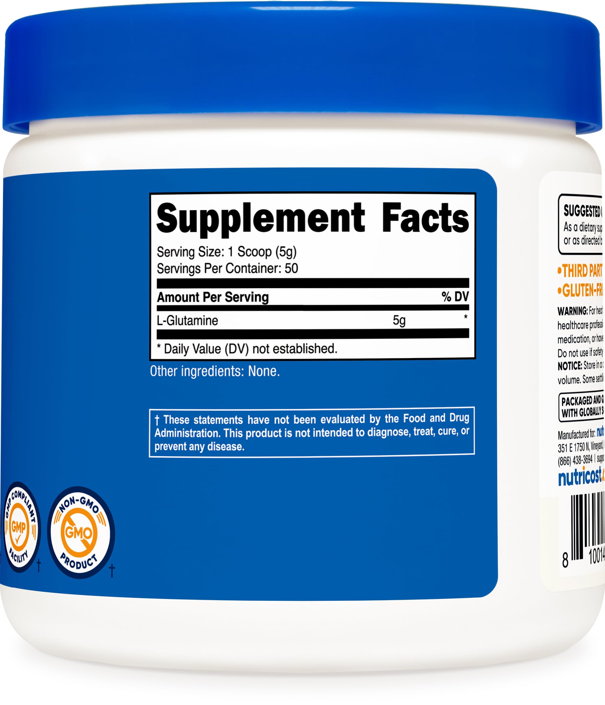 Nutricost L-Glutamine Powder facility with NSF, GMP, FDA certifications